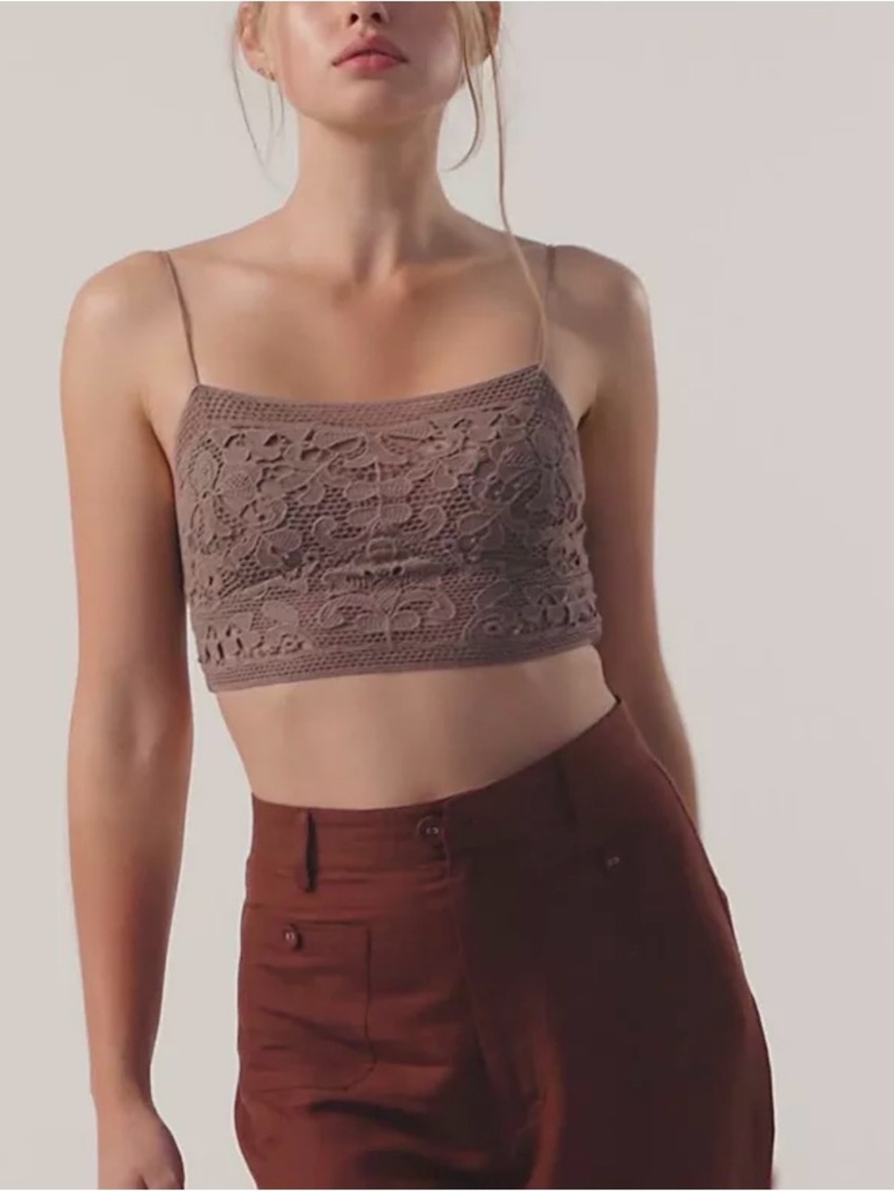 NWT Free People Crochet Lace Spaghetti Strap Crop Top - Taupe